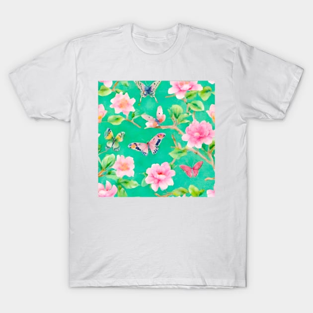 Preppy pink and green chinoiserie with peonies and butterflies T-Shirt by SophieClimaArt